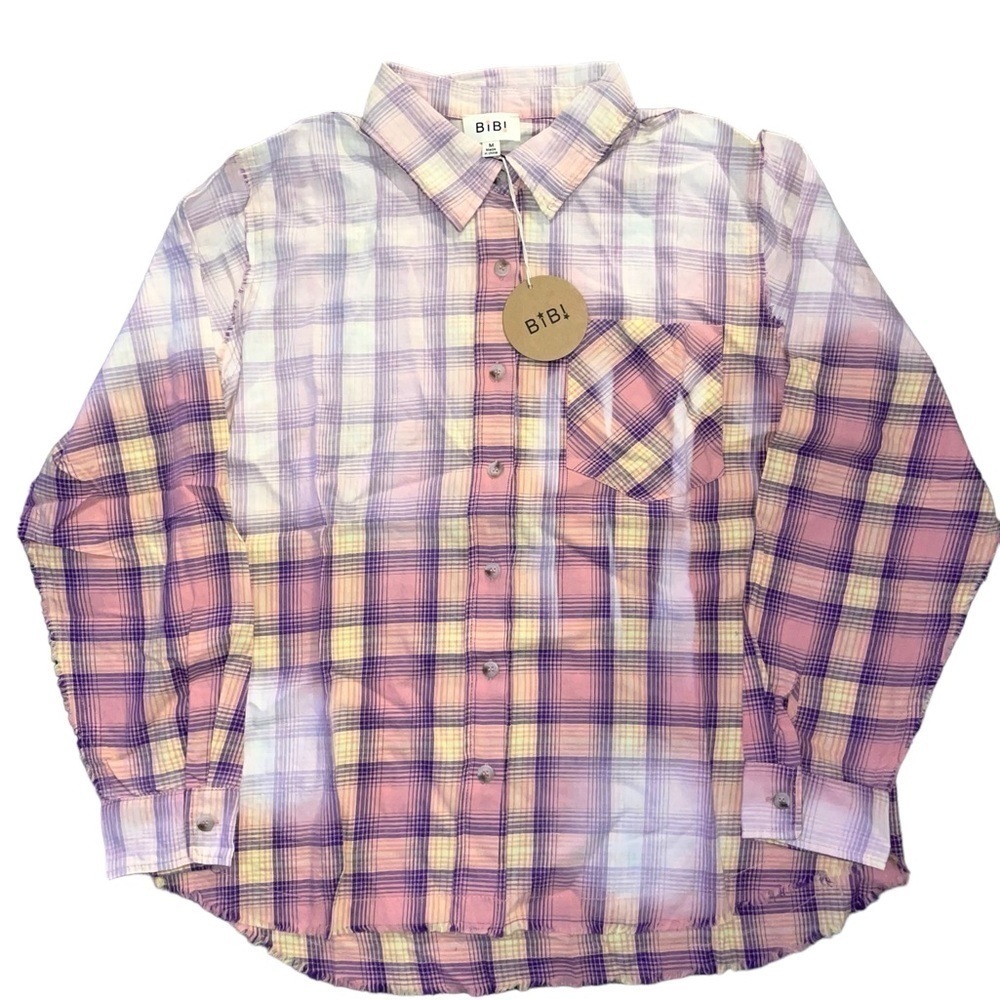 NWT BIBI Plaid Button Down Shirt Women’s Medium Bleached Oversized Pink Grunge - Picture 2 of 7
